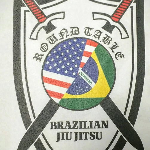 Round Table Brazilian Jiu Jitsu logo: shield with crossed swords and a half-American, half-Brazilian flag circle