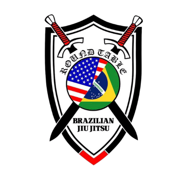Round Table Brazilian Jiu Jitsu logo: shield with crossed swords and a blended American and Brazilian flag